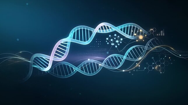 In a dim environment, a glowing digital DNA strand materializes from floating particles, gently pulsating with soft colors, showcasing a futuristic theme, as the camera pushes in slowly to reveal a sl