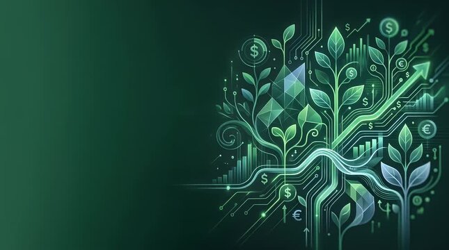In a dim environment, a glowing digital symbol of interconnected plants and financial icons materializes, gently pulsing and rotating, creating a harmonious blend of technology and nature.