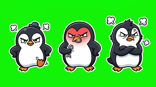 Three Cartoon Penguins with Angry Expressions on Green Background.