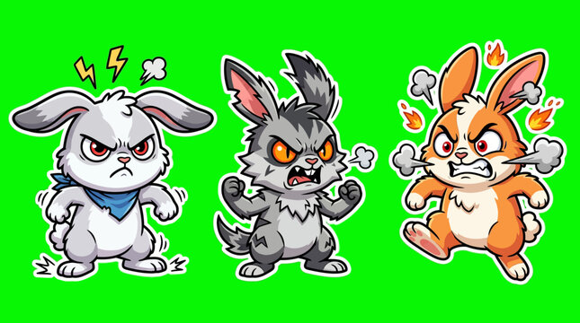 Three Cartoon Rabbits Displaying Angry Expressions on Green Background.