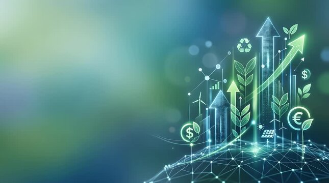 In a dim environment, glowing digital icons of growth and sustainability materialize, drifting in softly, with a gentle pulse, against a bright, ethereal background.