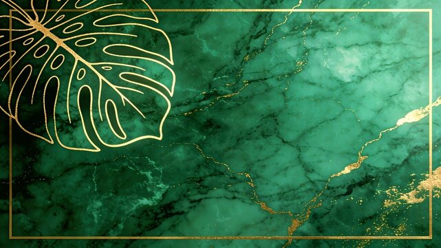 Elegant green marble background with golden leaf outline