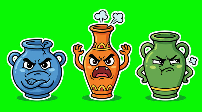 Three Angry Cartoon Vases with Expressive Facial Features.