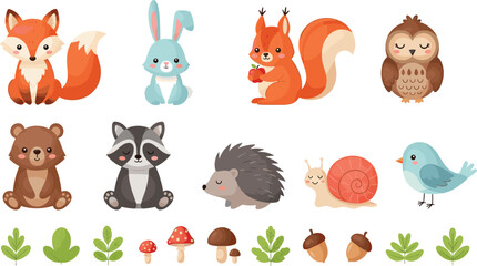 Naklejka premium Cute Woodland Animals Collection with Fox, Bunny, Squirrel, Owl, Bear, Raccoon, Hedgehog, and Forest Elements for Kids Design and Vector Illustration Set.