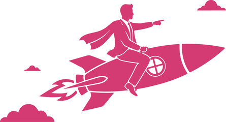 Illustration of a person in business suit riding a rocket ship towards success and innovation © MURSHIDUR RAHMAN