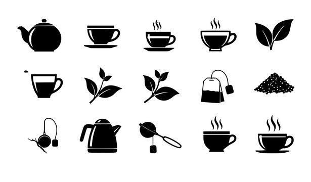 Tea icon set brown teapot teacup leaves infuser vector isolated on white background
