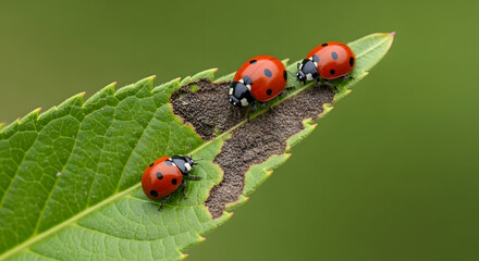 Fototapeta premium Ladybugs on Green Leaf with Dark Fungal Disease Spot, Macro Garden Pest and Plant Problem