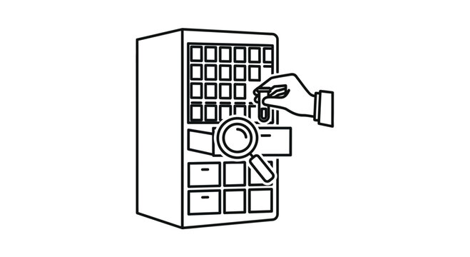 Laboratory research, scientific experiment, sample analysis with magnifying glass and cabinet