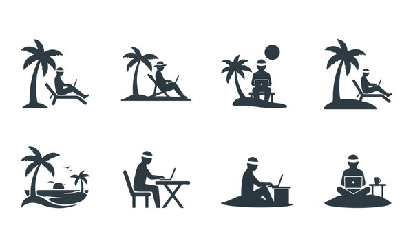 Remote Work and Digital Nomad Lifestyle Vector Icon Set on White Background