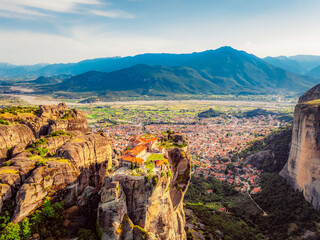 Fototapeta premium The monastery Meteora, aerial rocky monasteries complex in Greece near Kalabaka city. Monastery of the Holy Trinity