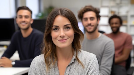 Obraz premium A confident and professional group of colleagues gathered in a modern office symbolizing teamwork and corporate success