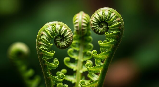 Close-up of unfurling fern fronds showcasing intricate spiral patterns.