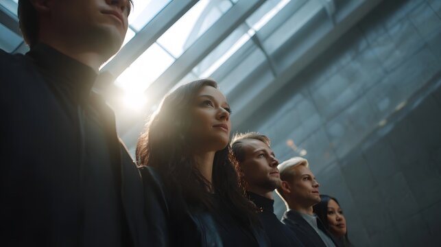 A diverse professional group stands in a brightly lit modern atrium looking toward a shared and ambitious future