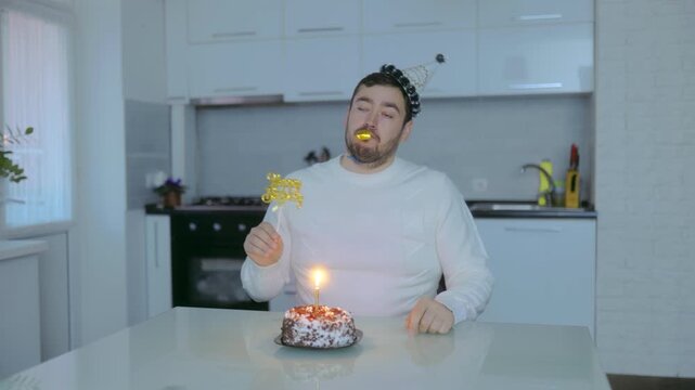 Medium Shot One Bored Man Blowing Horn Holding Birthday Sign Casual