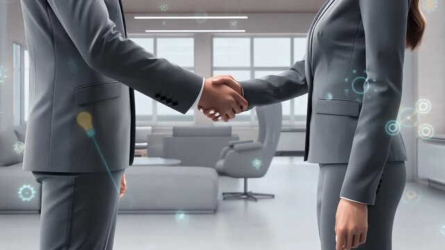 A professional setting with two people shaking hands, digital icons softly appearing around them, conveying collaboration and innovation in a bright, modern office, smooth camera zoom-in to capture th