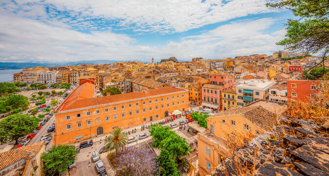 New Venetian Fortress in corfu city. Historic 16th-century Venetian fortified castle view on the city and the sea. Corfu, Greece