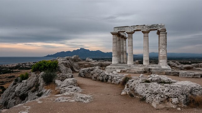 Ancient temple ruins with doric columns on rocky hilltop. Mediterranean landscape featuring distant mountains and sea. Historical architecture of classical antiquity and archaeological heritage site.