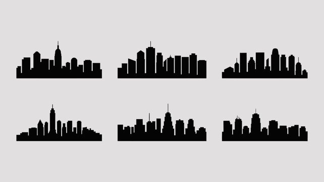 A minimalist composition displays six distinct black silhouettes of city skylines against a pale gray background offering a stark contrast high quality professional detailed modern elegant