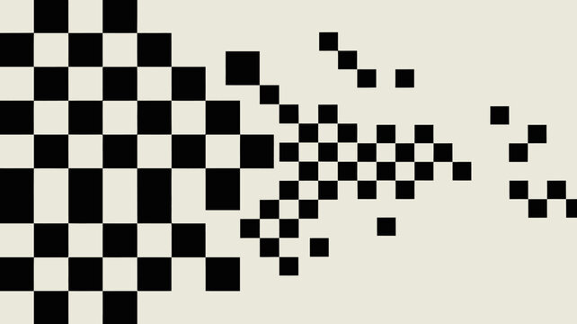 A checkerboard pattern disintegrates into scattered black squares against a pale neutral background creating a dynamic visual effect high quality professional detailed modern elegant stylish clean