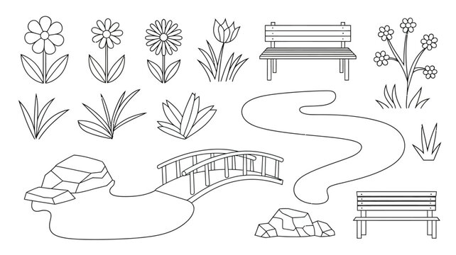A charming black and white illustration depicts a garden scene with flowers benches a winding path and a small bridge high quality professional detailed modern elegant