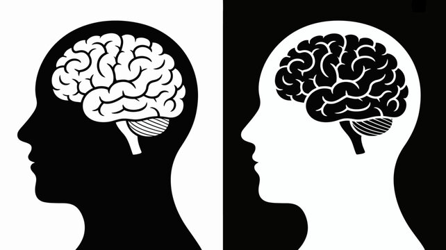 A split illustration depicts two human profiles in contrasting colors each containing a detailed brain within the head silhouette high quality professional modern elegant stylish clean