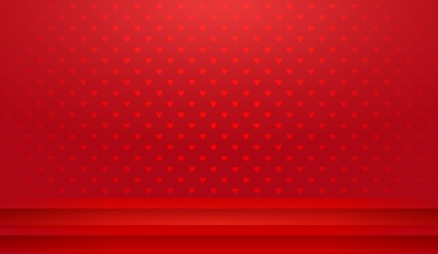 Small red heart pattern wallpaper background. Empty console table on empty wall plain backdrop 3d.