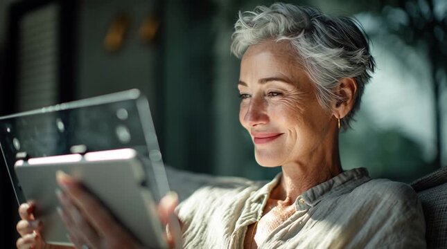 70-year-old woman with natural grey hair and visible skin texture, in a linen shirt, sitting in a sunlit minimalist living room, interacting with a transparent holographic tablet.
