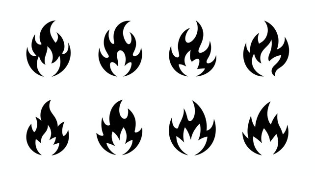 A collection of eight distinct black flame icons are showcased against a stark white background offering versatile design elements high quality professional detailed modern elegant stylish