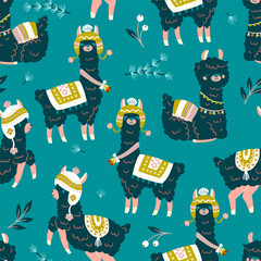 Fototapeta premium Cute Green Alpacas Vector Seamless Pattern
