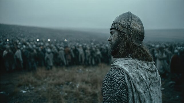 Viking warrior in chainmail armor overlooking army in misty field. Historical medieval battle preparation scene with bearded man leading troops in fog-shrouded plain.