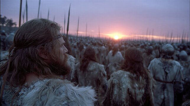 Viking man in fur armor standing with army of warriors at sunset. Historical battle preparation in ancient Scandinavia. Epic medieval warfare and invasion concept.