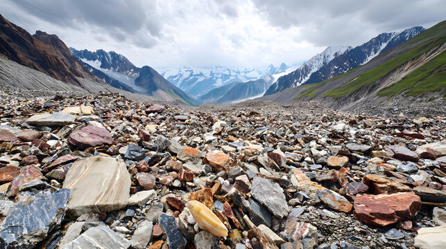 Rugged alpine moraine with distant icy peaks
