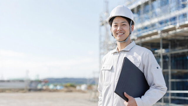 建築現場で働く笑顔の男性現場監督。建設業の求人や企業案内向けのビジネスポートレート