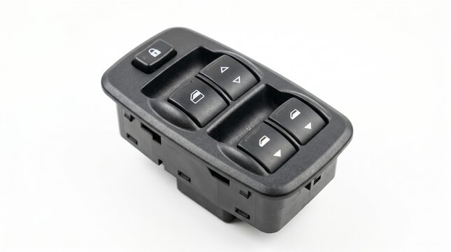 自動車用パワーウィンドウスイッチのクローズアップ。故障修理や部品交換、カー用品カタログ・広告向けの白背景商品写真素材