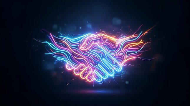 A person holds a glowing, animated handshake icon in a dark environment, with vibrant colors swirling around. The camera slowly zooms in, settling on the illuminated handshake.
