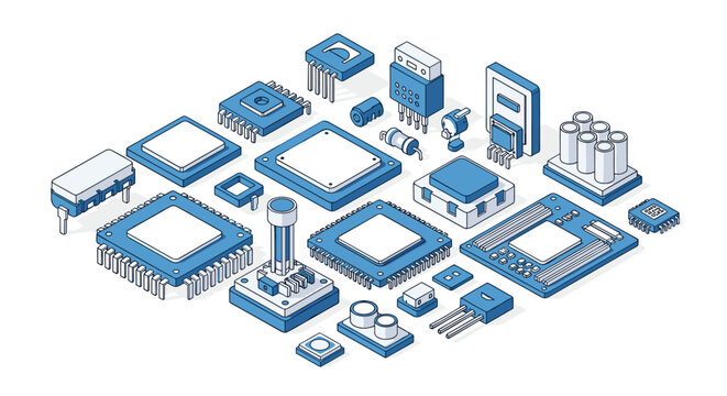 A meticulous collection of blue and white isometric electronic components including microchips and transistors rests neatly on a pristine white background.