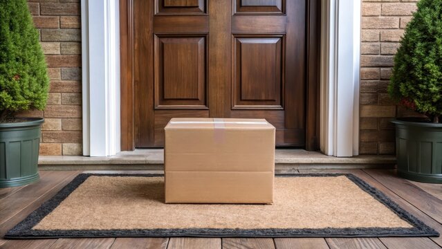 Large package delivered to a doorstep with a mat under it
