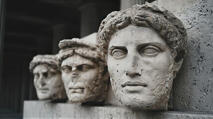 Obraz premium Three ancient male stone busts with laurel wreaths on marble ledge. Classical greek sculptures in historical architecture. Antiquity art and mythology concept for cultural heritage education.