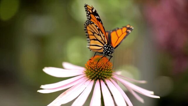 Monarch butterfly on pink coneflower macro shot, vibrant orange wings with soft bokeh background, nature wildlife pollination scene in high detail 4k footage