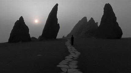 Naklejka premium Woman walking on ancient stone path through misty rock formations. Historical journey in foggy landscape with rising sun. Exploration and discovery concept in timeless terrain.