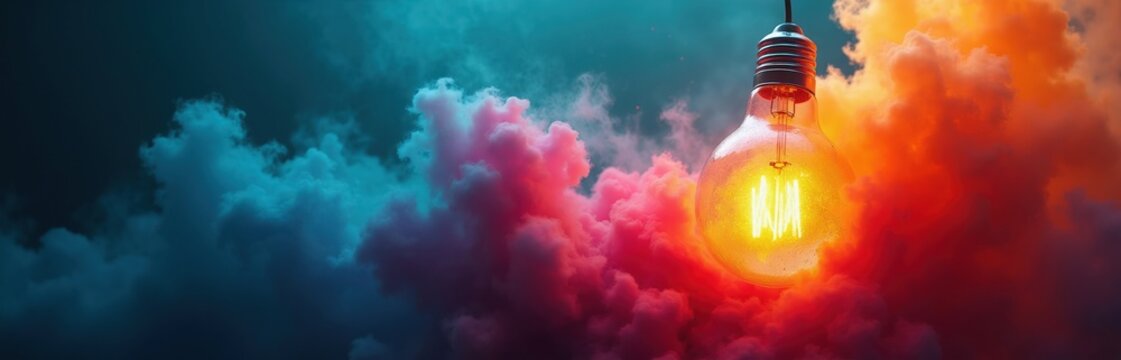 Bright incandescent light bulb glows warm yellow in swirling clouds of blue pink and orange smoke. Represents creative thinking innovation and bright ideas with strong visual impact.