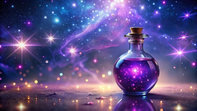 Enchanted potion bottle filled with shimmering purple liquid and twinkling stars in a mystical environment