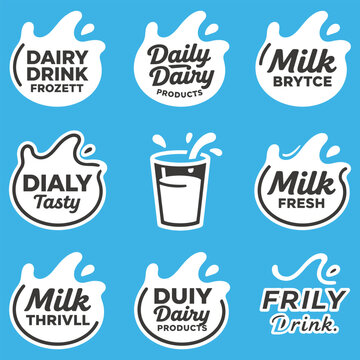 Milk splashes and drops black white flat icons dairy drink badges set.