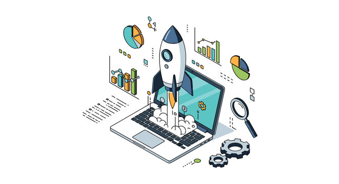 A vibrant isometric illustration depicts a sleek rocket ship launching from a laptop screen amidst colorful data charts and mechanical gears on white ground.
