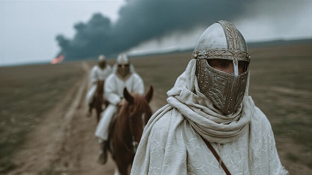 Medieval knights in white armor riding horses across misty field towards rising smoke and flames. Historical battle and warfare scene evoking ancient chivalry and conquest.
