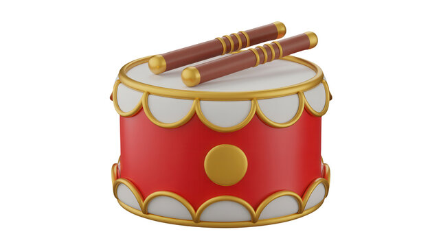 A red drum with gold accents and two brown drumsticks on top isolated on transparent background