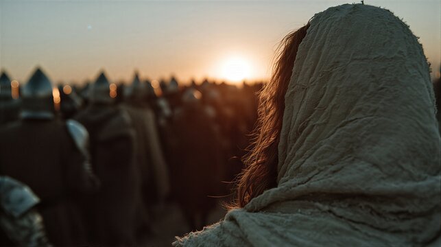 Woman in hooded cloak observing army of ancient warriors in pointed helmets at sunset. Viking invasion and historical reenactment concept for adventure storytelling.