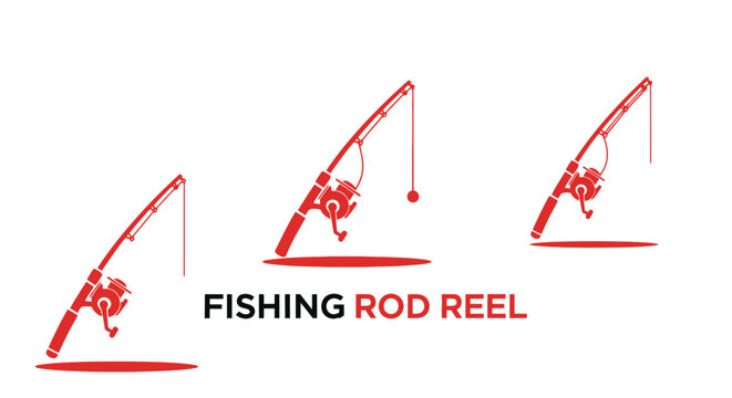 Three Red Fishing Rods with Reels on White Background.