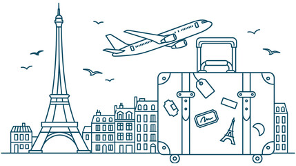 Outline illustration of paris travel theme with eiffel tower and suitcase.