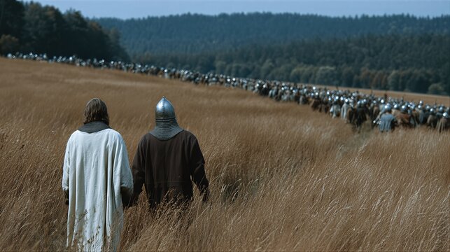 Priest and knight walking through tall wheat field. Medieval army of mounted soldiers following them. Historical reenactment of military crusade in european countryside
